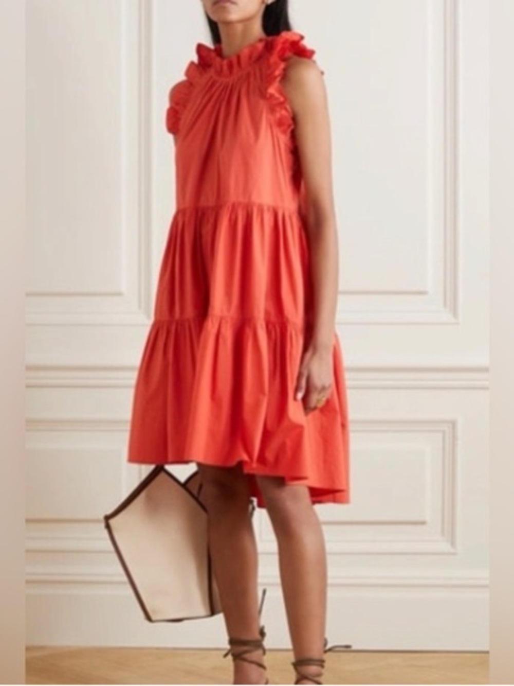 Ulla Johnson Tamsin Cotton Orange Sleeveless Ruffle Mini Dress M (8)